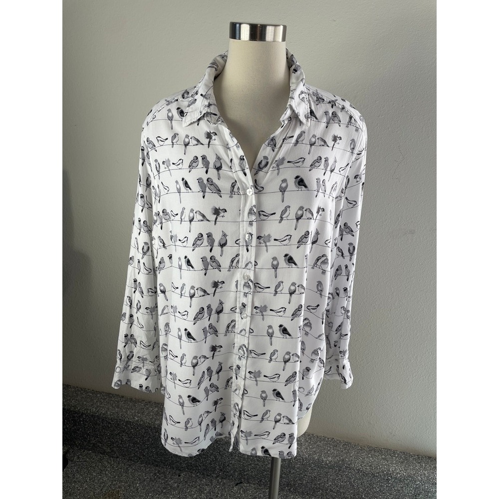 Jane + Delancey Womens Plus 1X Bird Print Button Up Shirt Long Sleeve White